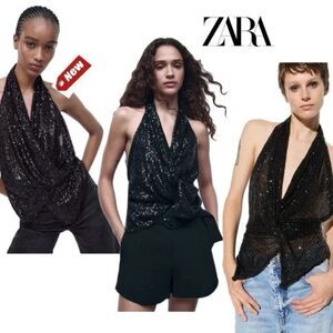 Zara Black Sequin Halter Top